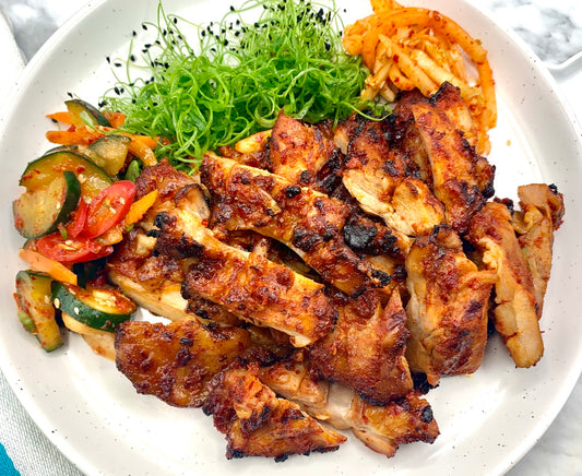 Korean spicy BBQ chicken made with Raon Kitchen's Gochujang marinade